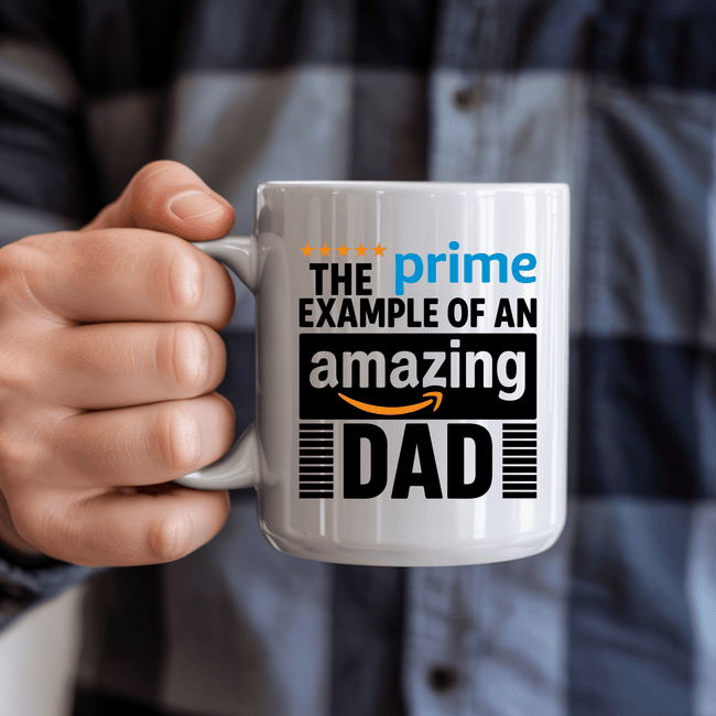 Funny dad coffee mug with Prime inspired Amazing Dad artwork photographed in gift packaging with premium presentation