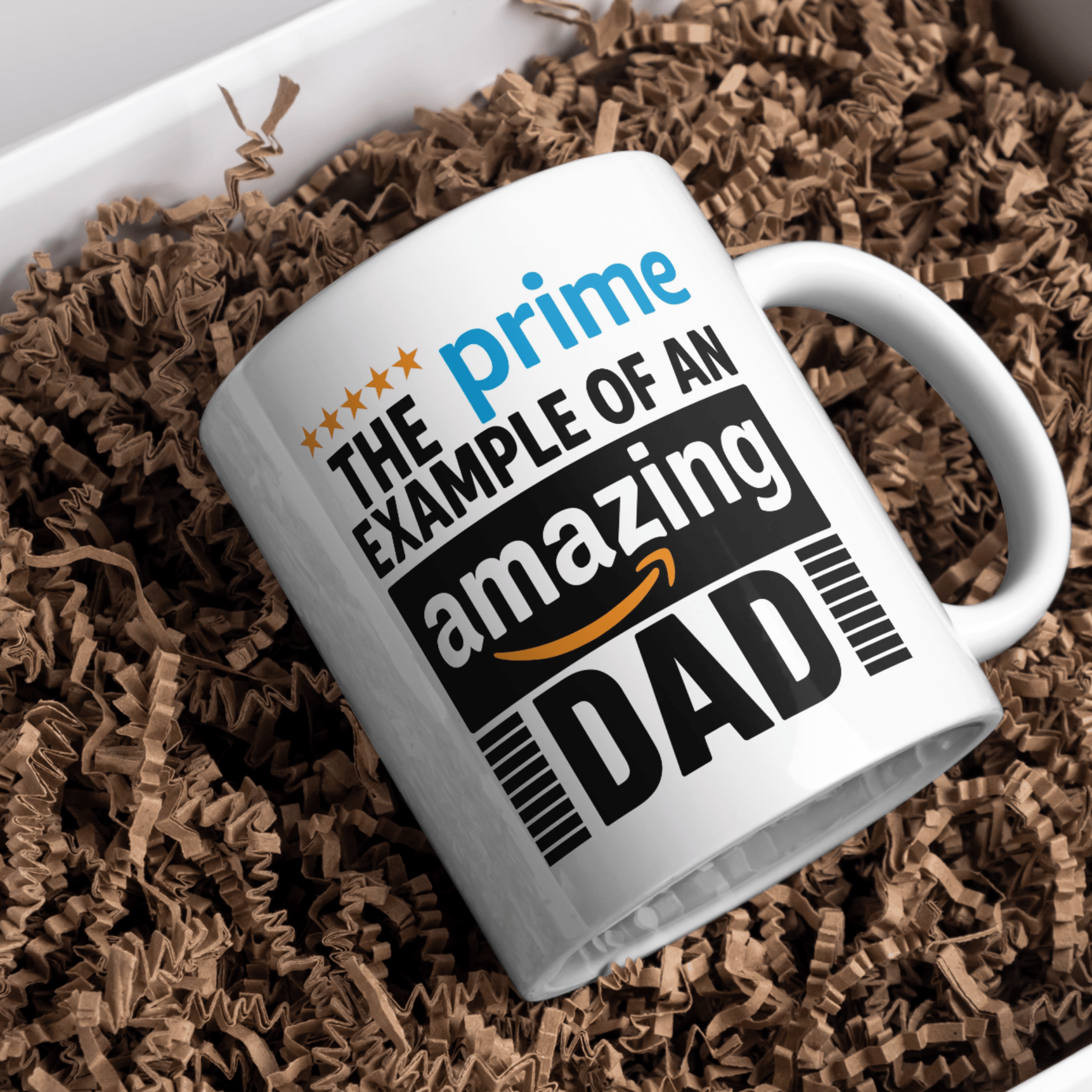 White Amazing Dad ceramic mug on marble surface with stylish Father's Day gift design for coffee loving dads