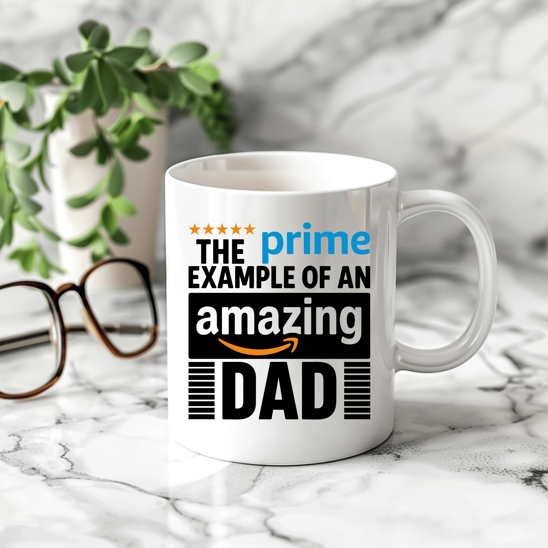 White ceramic coffee mug featuring Prime Example of an Amazing Dad design displayed in hand as a unique Father's Day gift