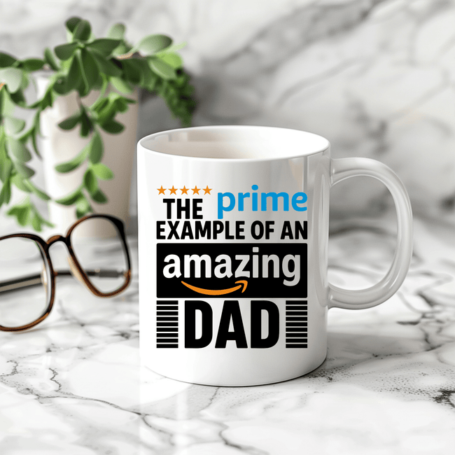 White ceramic coffee mug featuring Prime Example of an Amazing Dad design displayed in hand as a unique Father's Day gift