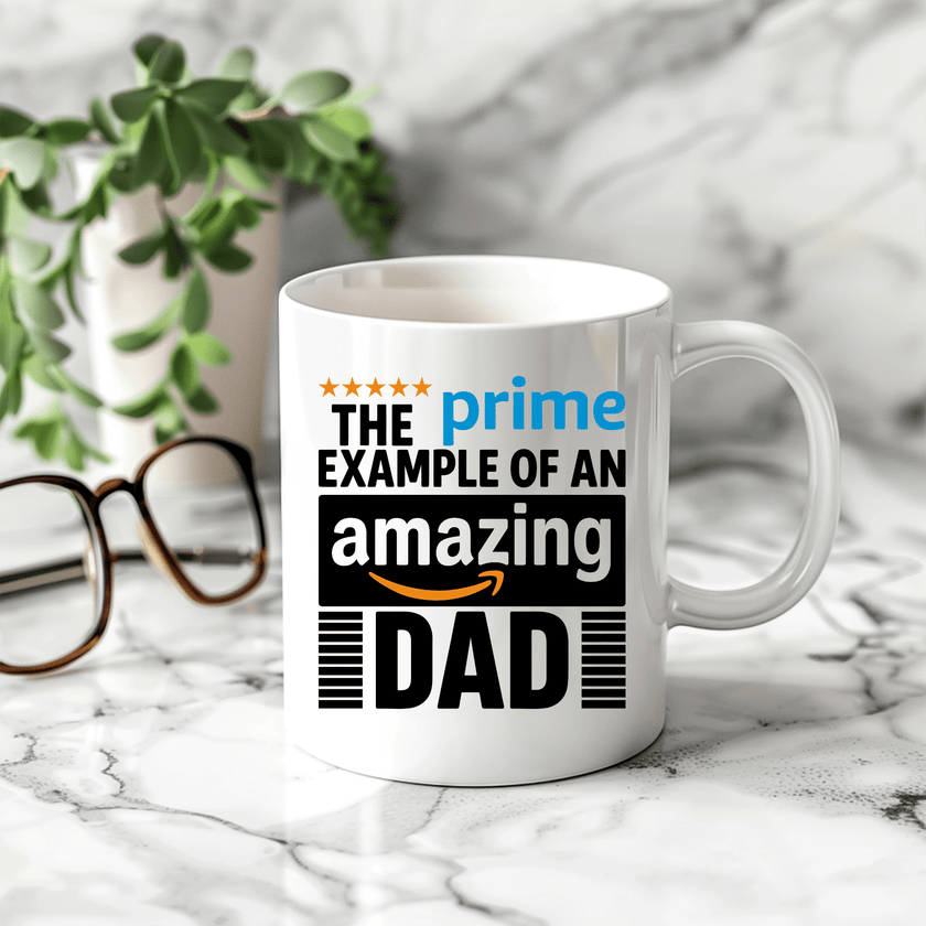 White ceramic coffee mug featuring Prime Example of an Amazing Dad design displayed in hand as a unique Father's Day gift