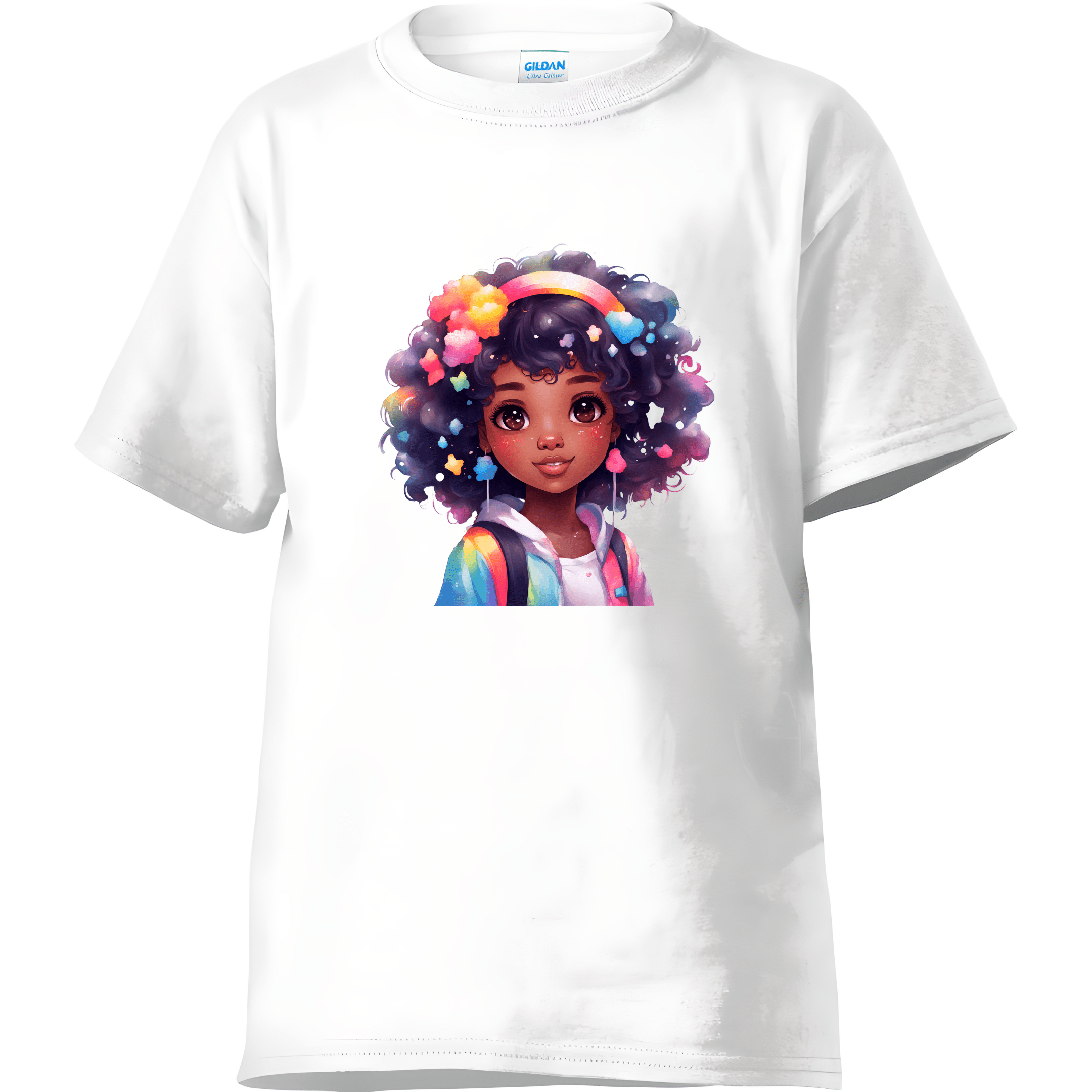 White kids t-shirt with vibrant curly-haired girl artwork.