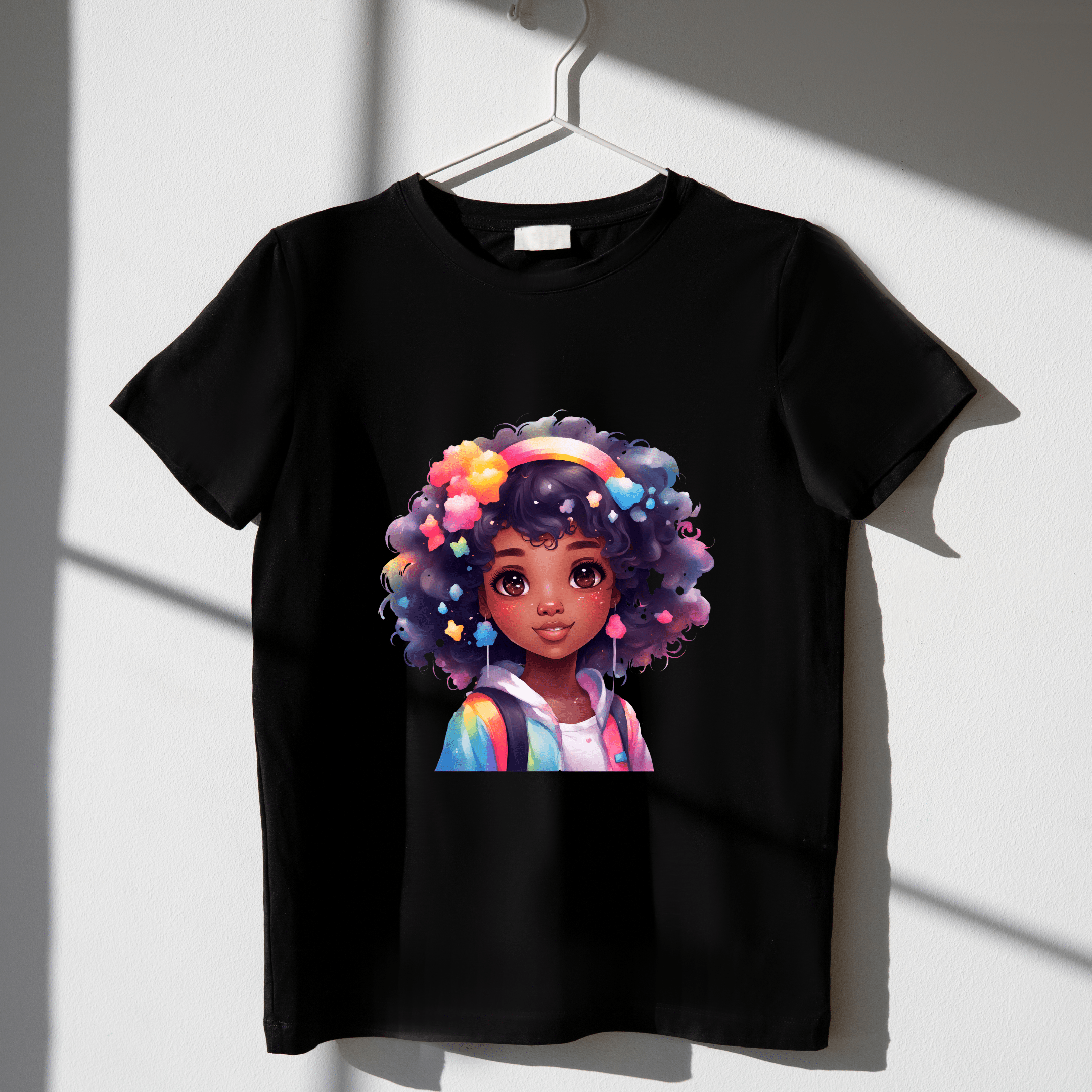 Kids fashion tee with bright, artistic girl graphic