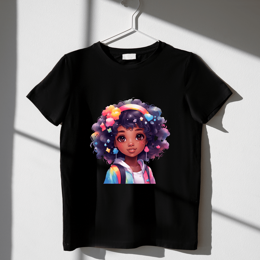 Kids fashion tee with bright, artistic girl graphic