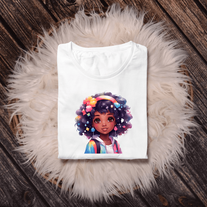 Adorable curly-haired girl wearing colorful accessories on t-shirt.