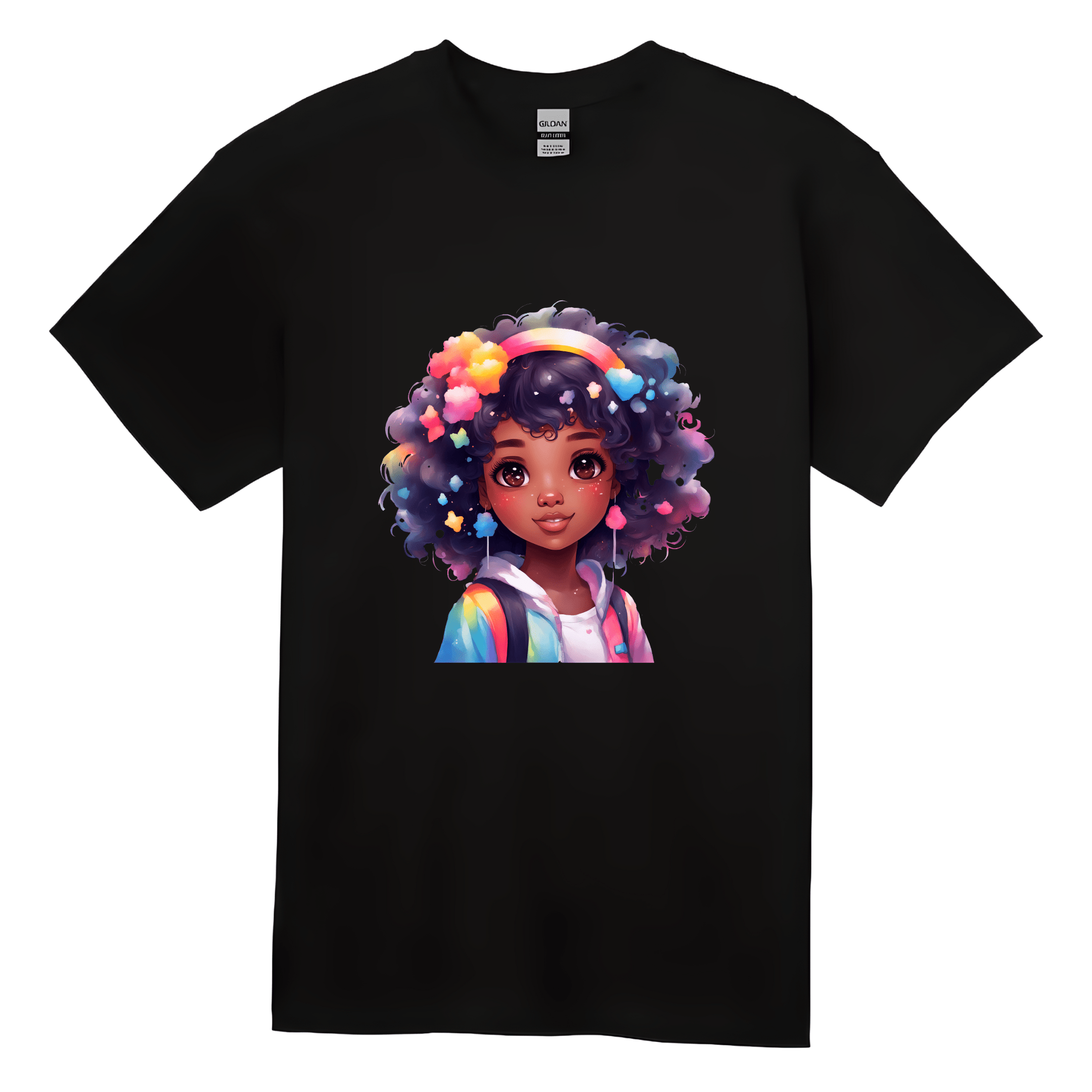 Kids black t-shirt featuring a cute colorful girl with rainbow curly hair.