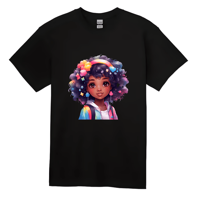 Kids black t-shirt featuring a cute colorful girl with rainbow curly hair.