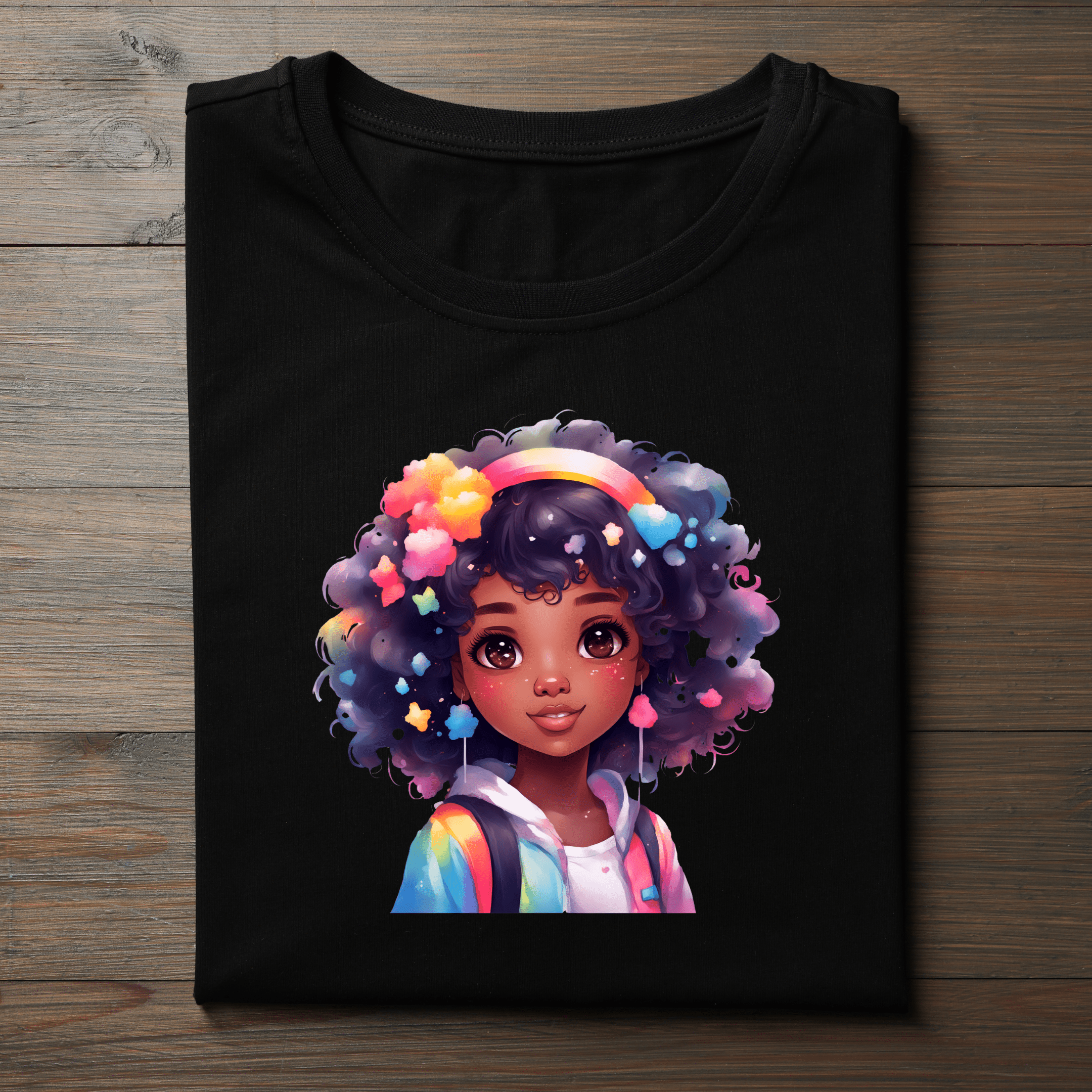 Cute rainbow curls character printed on children’s shirt.