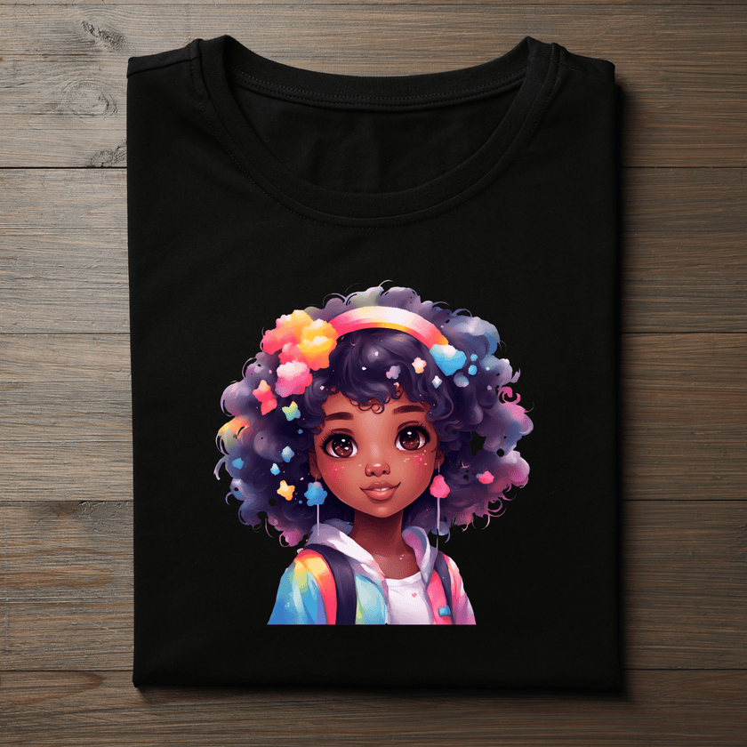 Cute rainbow curls character printed on children’s shirt.