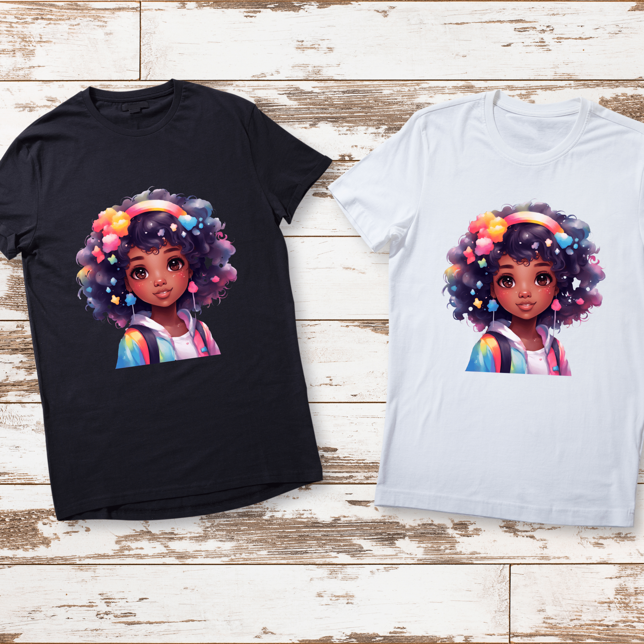 Close-up of colorful girl illustration on kids graphic tee.