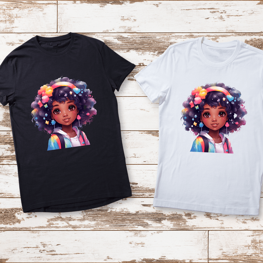 Close-up of colorful girl illustration on kids graphic tee.