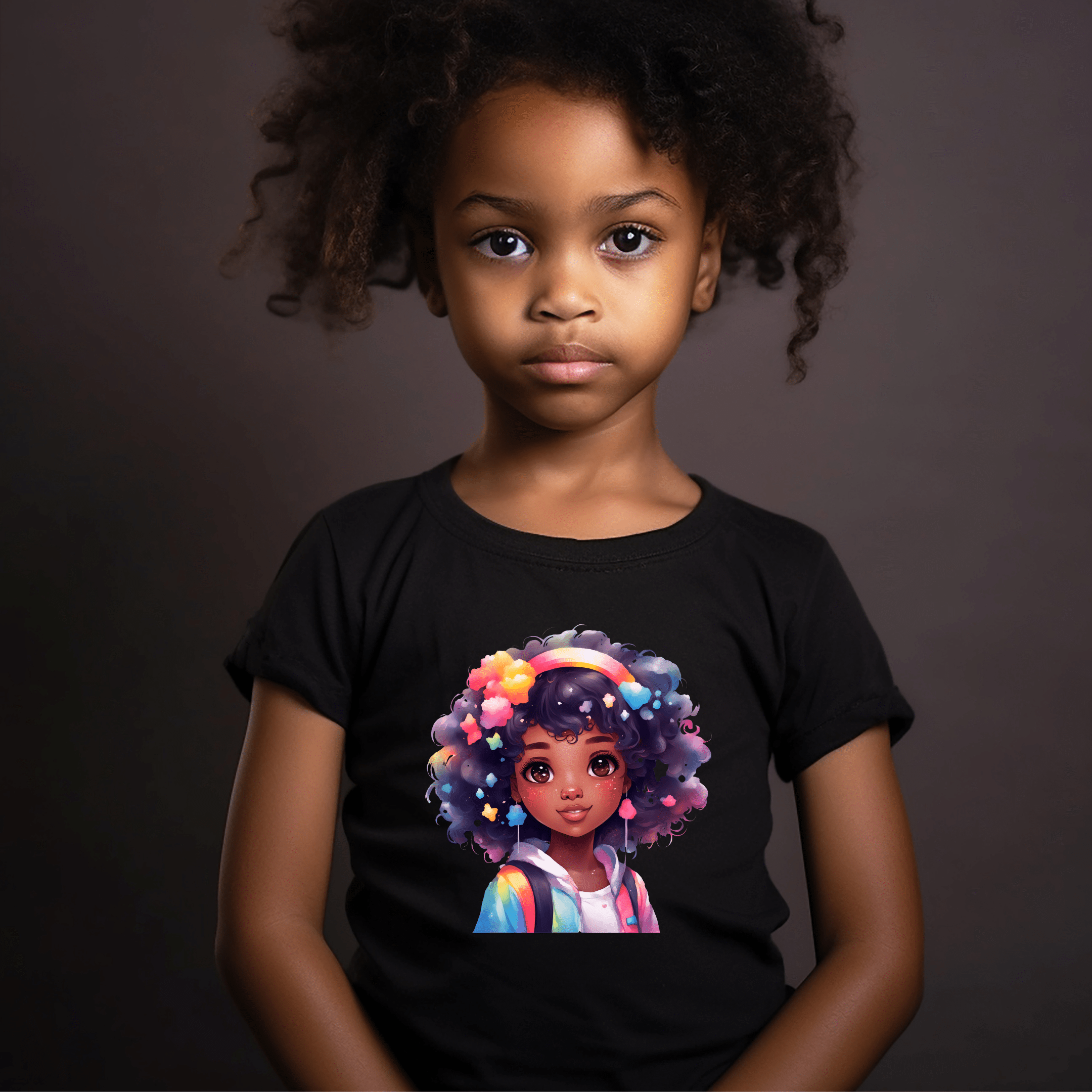 Colorful and stylish curly hair girl design on kids apparel.