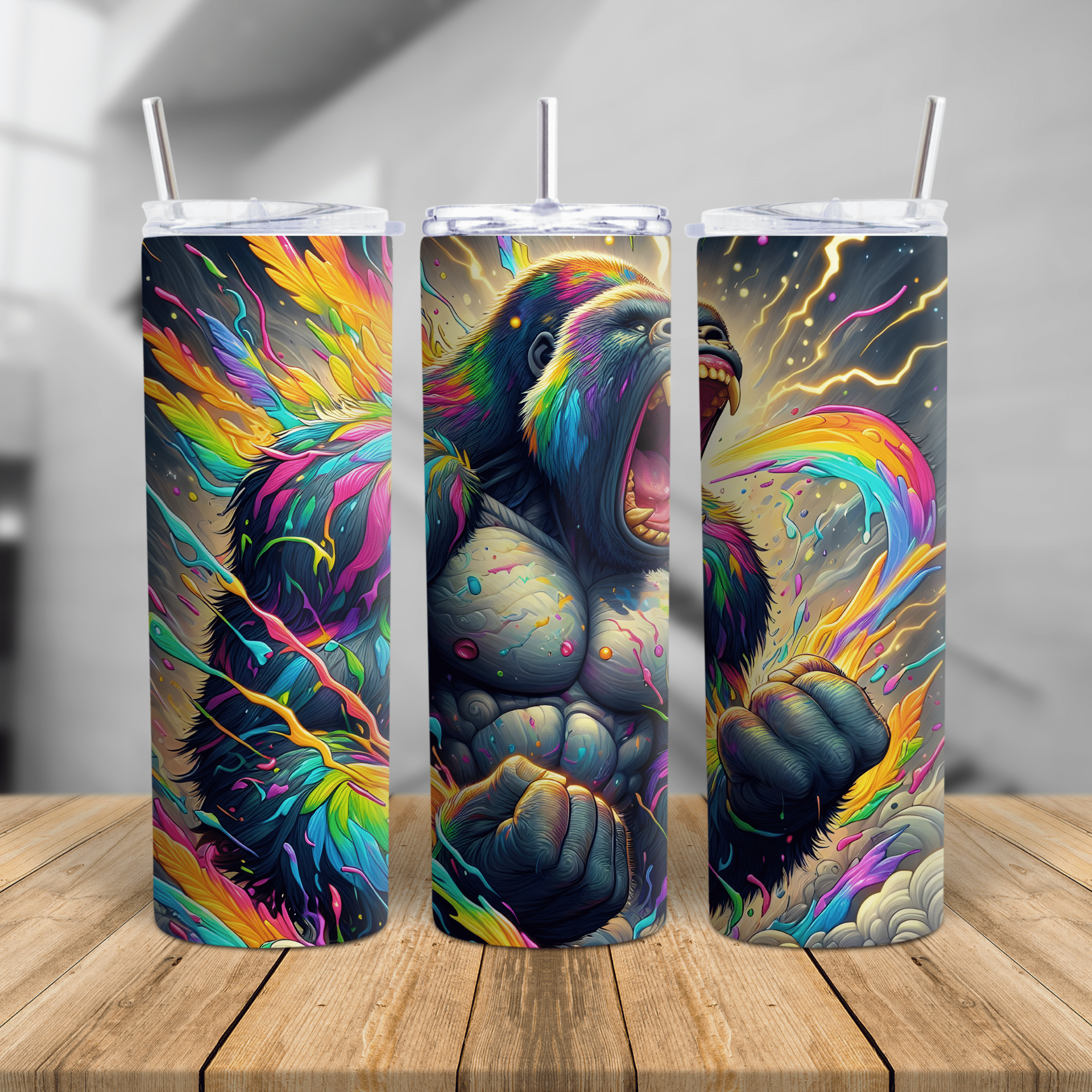 Colorful rainbow gorilla tumbler featuring neon splash artwork on a stainless-steel insulated cup.