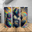 Colorful rainbow gorilla tumbler featuring neon splash artwork on a stainless-steel insulated cup.
