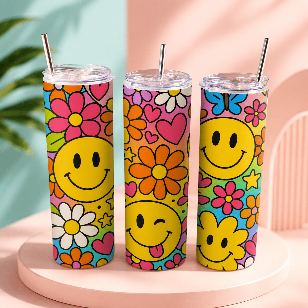 Bright floral tumbler cup with retro smiley faces, hearts, daisies, and butterfly details, perfect for cute everyday drinkware.