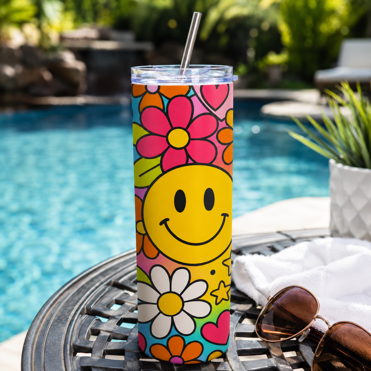 Cute smiley face tumbler cup with a clear lid, reusable straw, and bold retro floral pattern in pink, yellow, blue, and green.