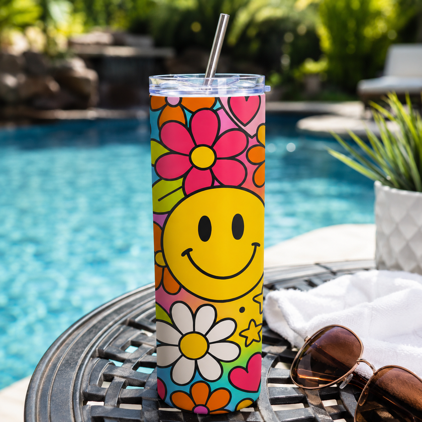 Cute smiley face tumbler cup with a clear lid, reusable straw, and bold retro floral pattern in pink, yellow, blue, and green.