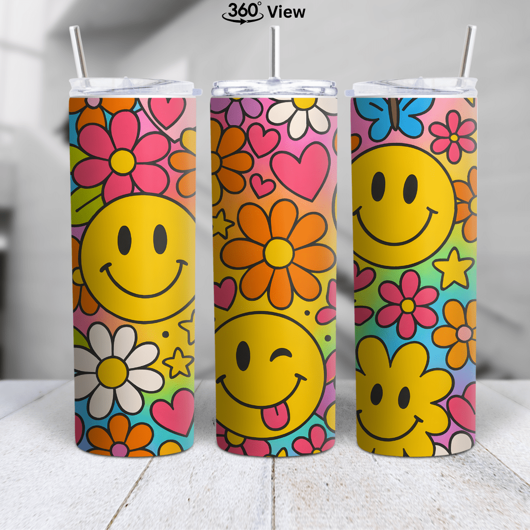 Retro smiley flower skinny tumbler featuring colorful flowers, hearts, butterflies, and bright happy face artwork by the pool.