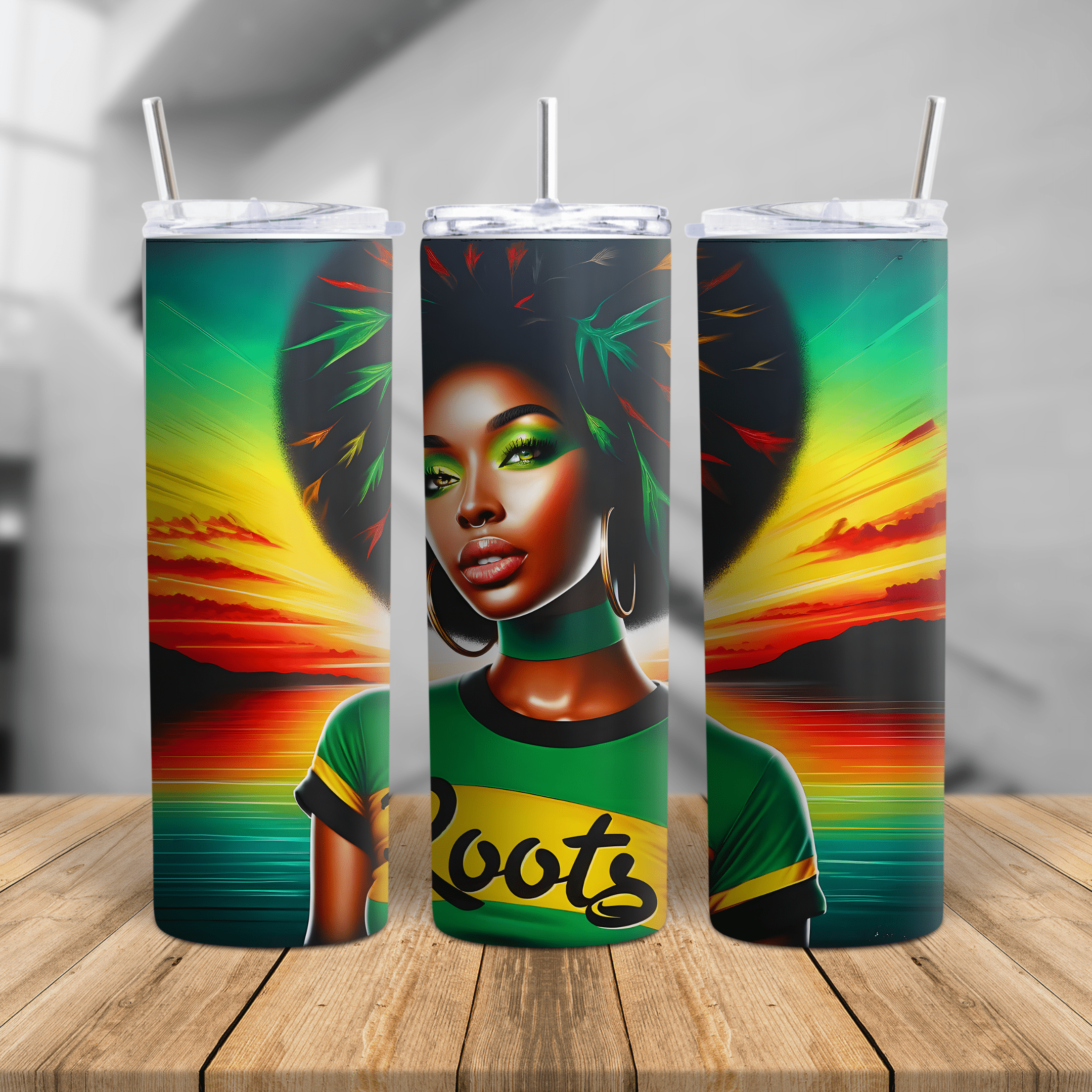 Afro queen stainless steel tumbler with colorful sunset roots design celebrating Black girl magic and cultural pride
