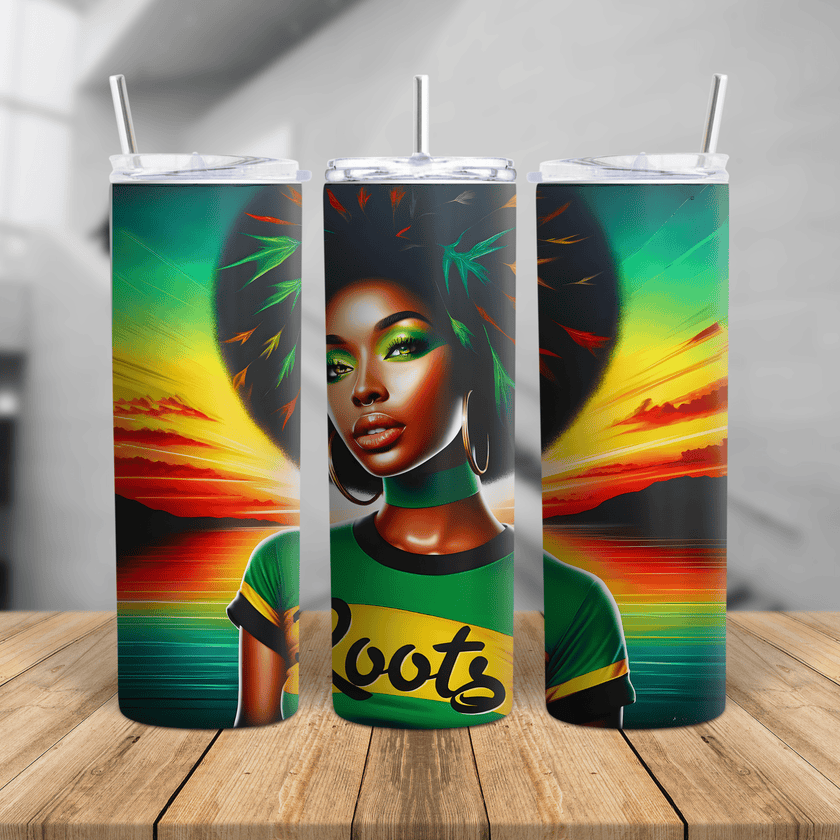 Afro queen stainless steel tumbler with colorful sunset roots design celebrating Black girl magic and cultural pride