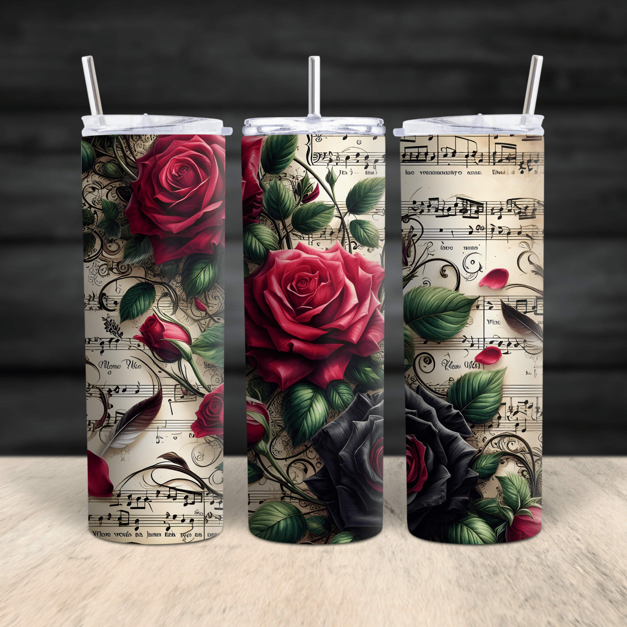 A stainless steel tumbler featuring detailed red and black roses over a vintage music sheet design with floral accents.