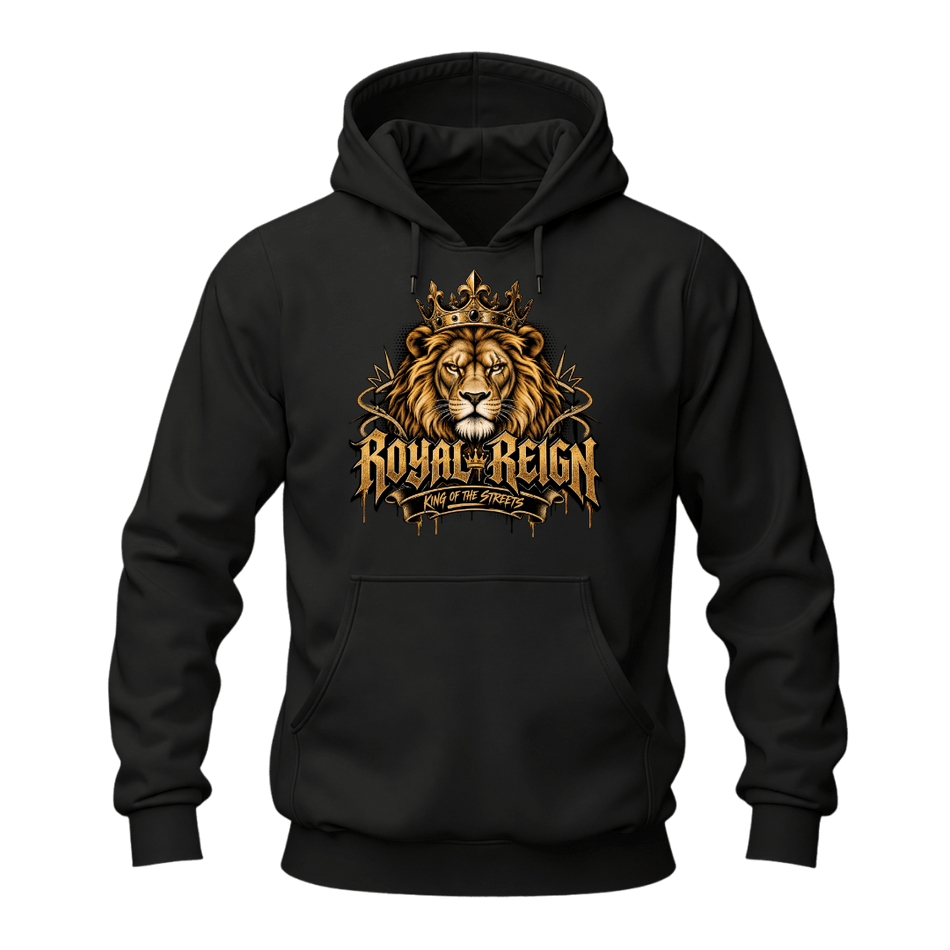 Black men's Royal Reign hoodie featuring a detailed crowned lion and gold King of the Streets graphic on the front