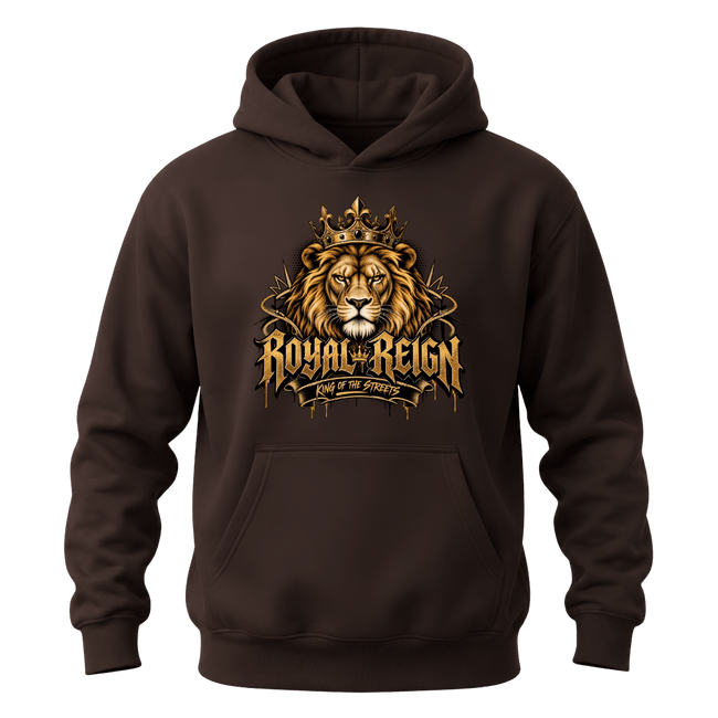 Dark chocolate men's Royal Reign hoodie with detailed lion crown artwork and bold King of the Streets front graphic