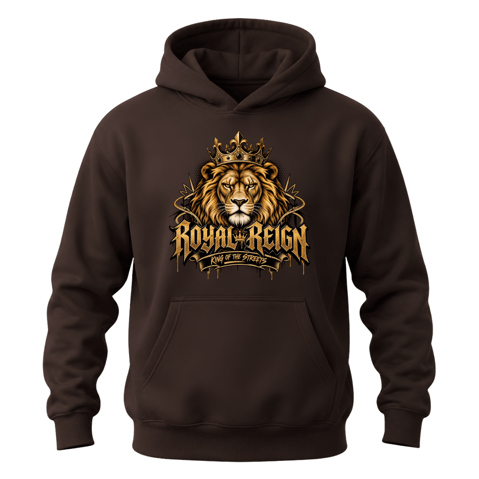 Dark chocolate men's Royal Reign hoodie with detailed lion crown artwork and bold King of the Streets front graphic