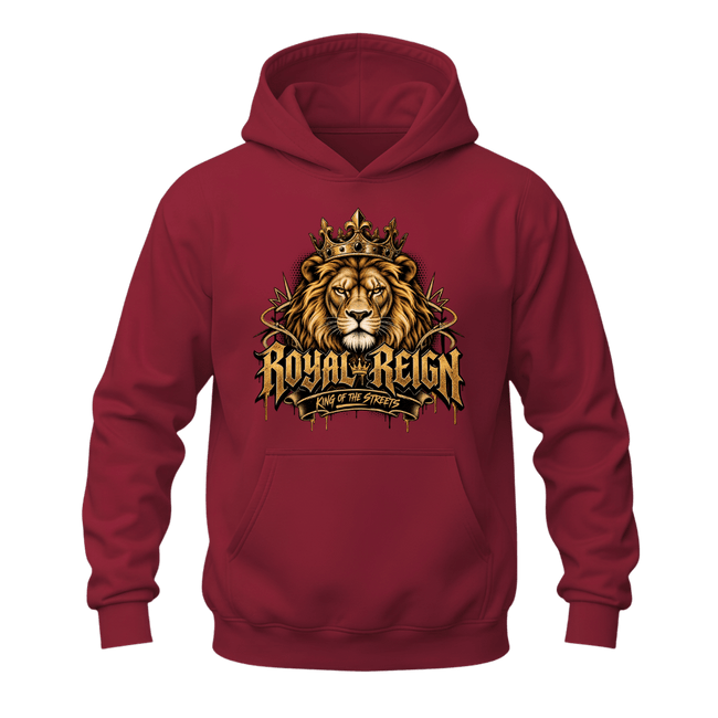 Cardinal red men's lion hoodie with Royal Reign lettering, golden crown and bold King of the Streets streetwear design