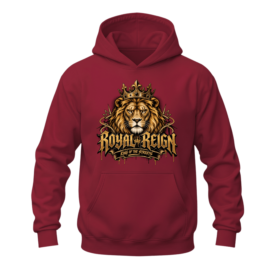 Cardinal red men's lion hoodie with Royal Reign lettering, golden crown and bold King of the Streets streetwear design