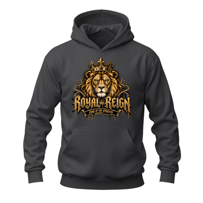 Charcoal grey men's graphic hoodie featuring a gold crowned lion, Royal Reign typography and streetwear styling