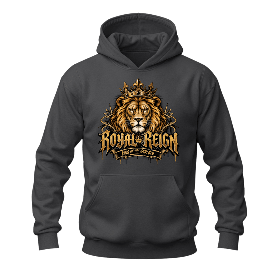 Charcoal grey men's graphic hoodie featuring a gold crowned lion, Royal Reign typography and streetwear styling