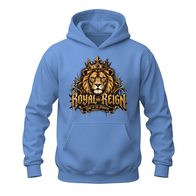 Carolina blue Royal Reign men's hoodie featuring a crowned golden lion and urban King of the Streets graphic