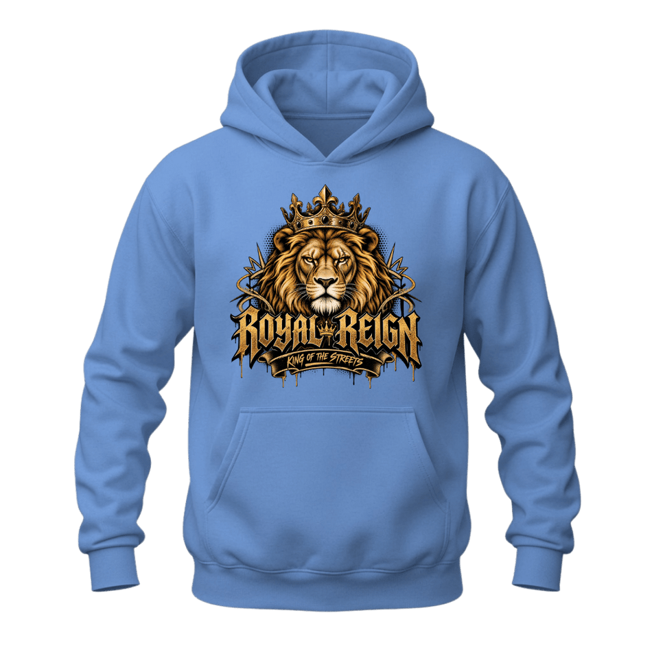 Carolina blue Royal Reign men's hoodie featuring a crowned golden lion and urban King of the Streets graphic