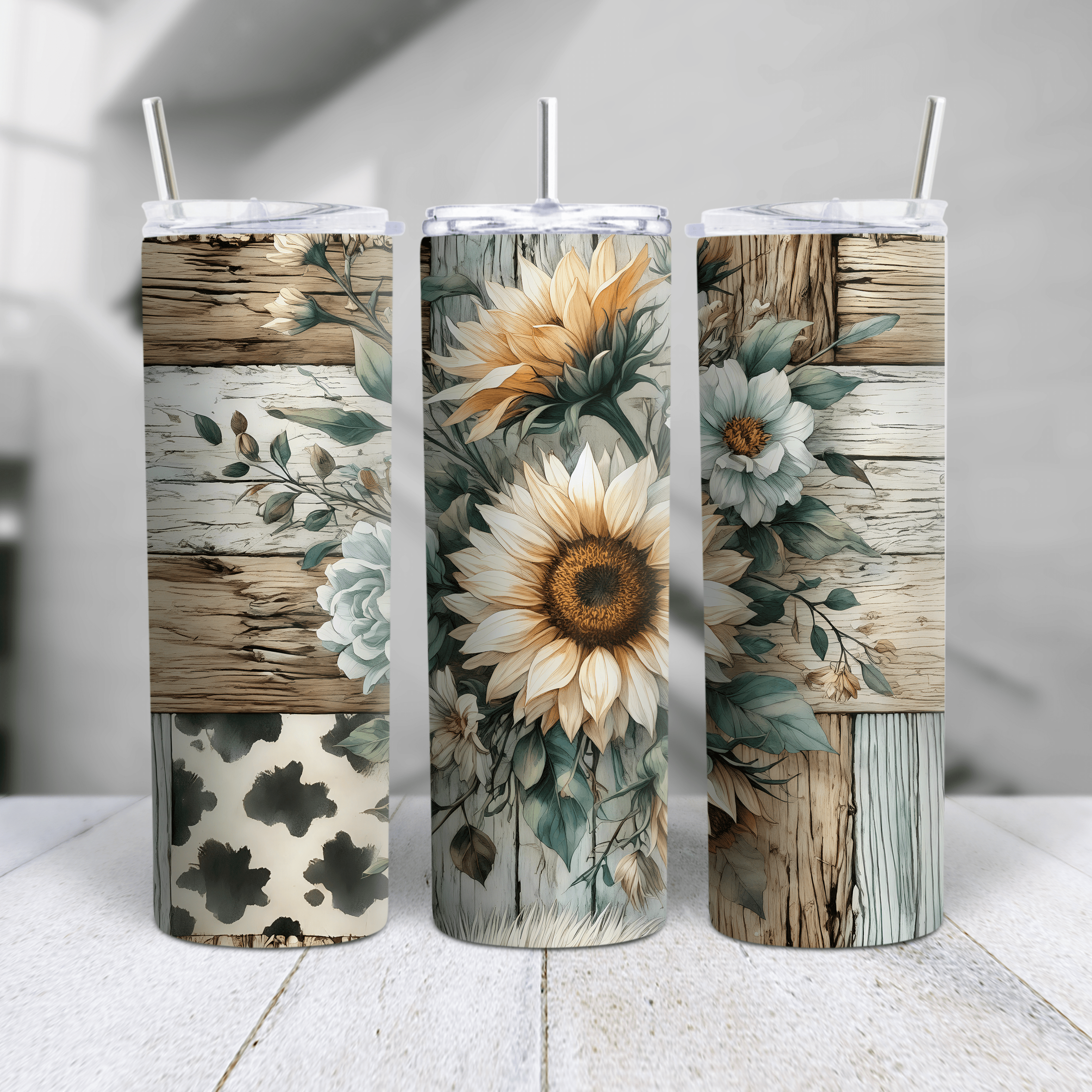 Beautiful rustic sunflower tumbler featuring wood texture background and soft floral patterns. Perfect for sunflower lovers