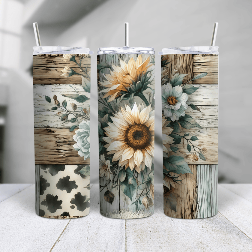 Beautiful rustic sunflower tumbler featuring wood texture background and soft floral patterns. Perfect for sunflower lovers