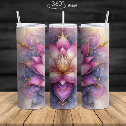 Sacred lotus mandala stainless steel tumbler with pink and purple floral spiritual design shown in 360-degree wrap view