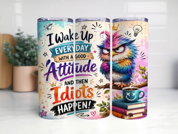 Colorful sarcastic owl tumbler cup with the quote I Wake Up Every Day With A Good Attitude And Then Idiots Happen.