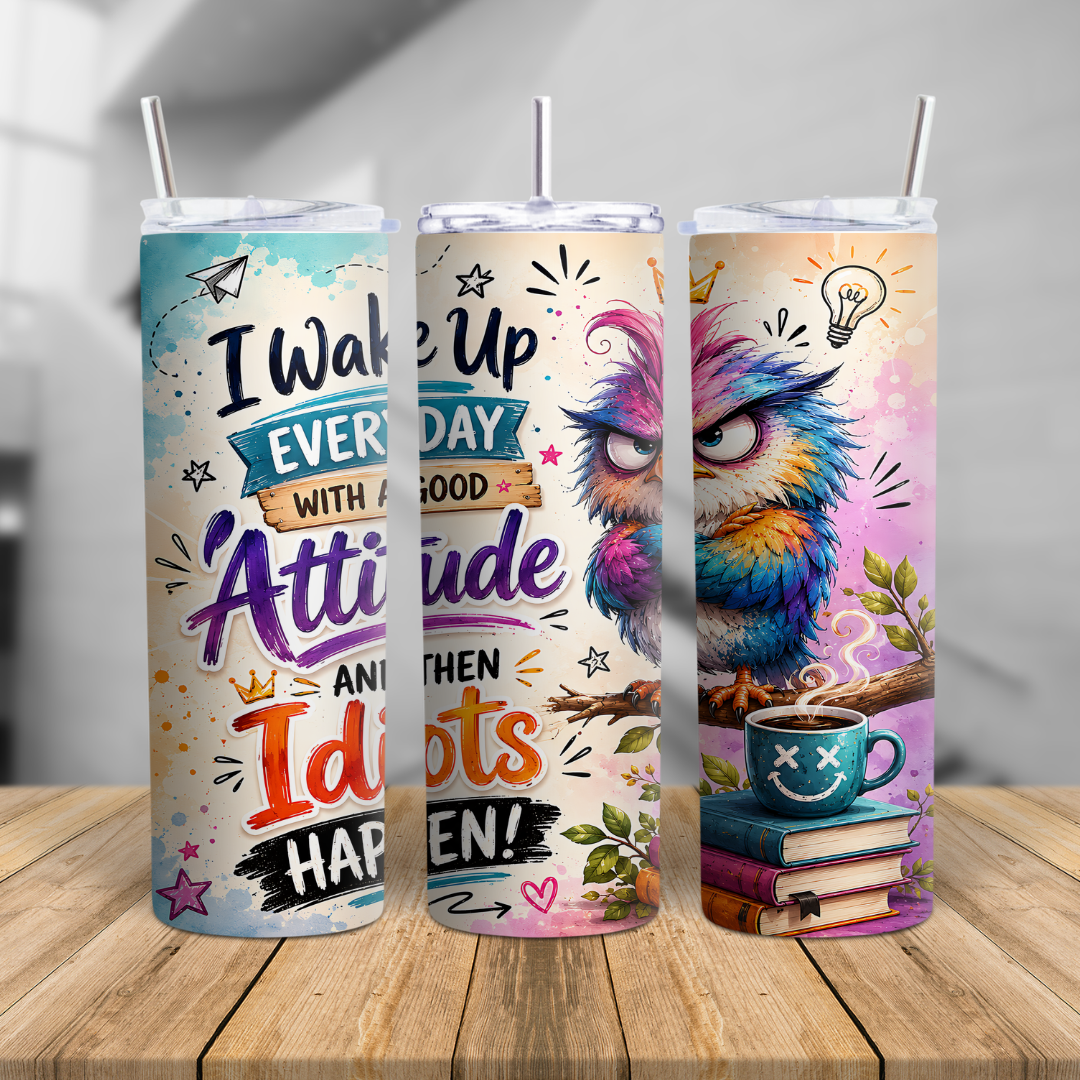 Bright owl tumbler cup with witty saying, watercolor artwork, and giftable travel mug style for teachers, friends, and coworkers.
