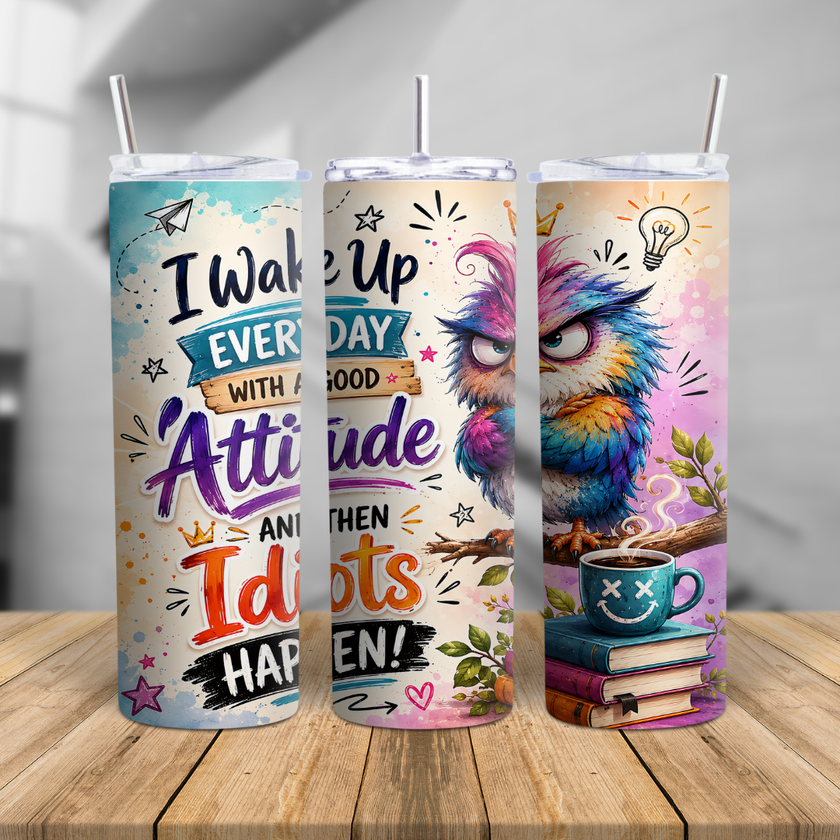 Bright owl tumbler cup with witty saying, watercolor artwork, and giftable travel mug style for teachers, friends, and coworkers.