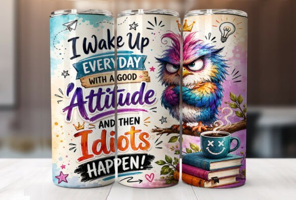 Funny skinny tumbler featuring a rainbow owl, stacked books, coffee cup, and a bold sarcastic quote for coffee lovers.