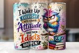 Funny skinny tumbler featuring a rainbow owl, stacked books, coffee cup, and a bold sarcastic quote for coffee lovers.