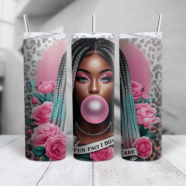 Stylish tumbler featuring a confident Black woman blowing bubblegum with pink roses and leopard print accents.