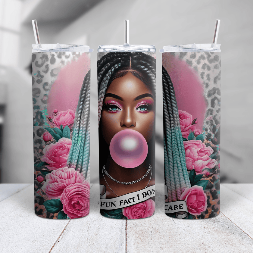 Stylish tumbler featuring a confident Black woman blowing bubblegum with pink roses and leopard print accents.