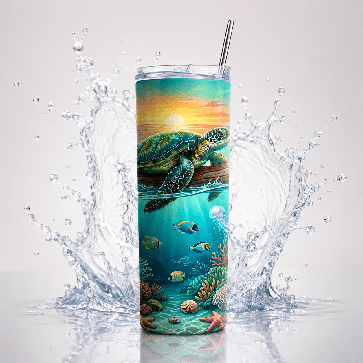 Tropical tumbler cup with a full wrap sea turtle illustration, sunset sky, coral reef, and fish, displayed in a three view product presentation.
