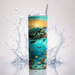 Tropical tumbler cup with a full wrap sea turtle illustration, sunset sky, coral reef, and fish, displayed in a three view product presentation.