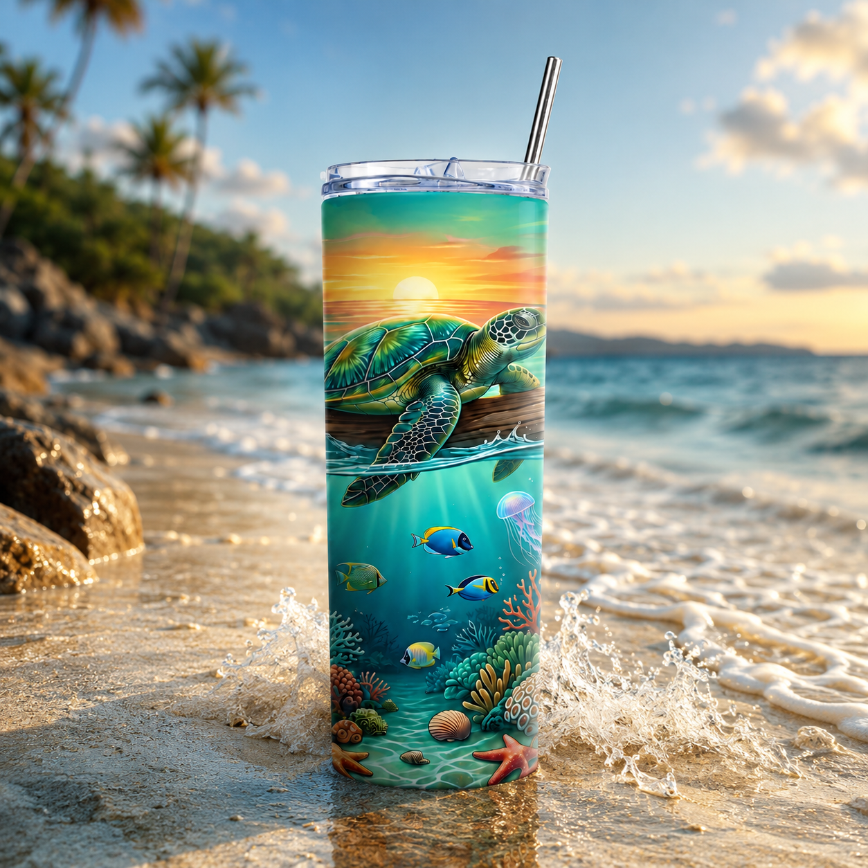 Ocean themed skinny tumbler with a sea turtle design, colorful reef details, and underwater marine life, styled with water splashes for a fresh tropical look.