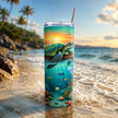 Ocean themed skinny tumbler with a sea turtle design, colorful reef details, and underwater marine life, styled with water splashes for a fresh tropical look.