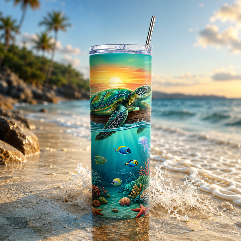 Ocean themed skinny tumbler with a sea turtle design, colorful reef details, and underwater marine life, styled with water splashes for a fresh tropical look.
