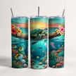 Coastal drink tumbler with sea turtle, ocean waves, seashells, and vibrant sea life artwork, designed for beach lovers and everyday use.